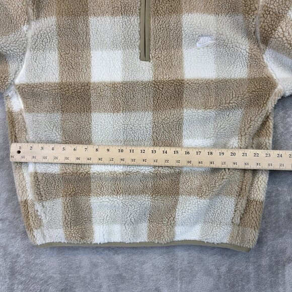 Nike Pullover Mens Large Tan White Plaid Sherpa Fleece Half Zip Checkered Jacket - Picture 8 of 12